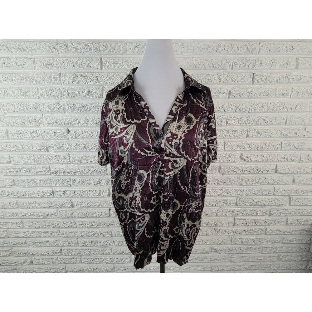 Lane Bryant Womens Top 22 24 Plus Button Up VNeck Purple Paisley Crinkle PAI48E